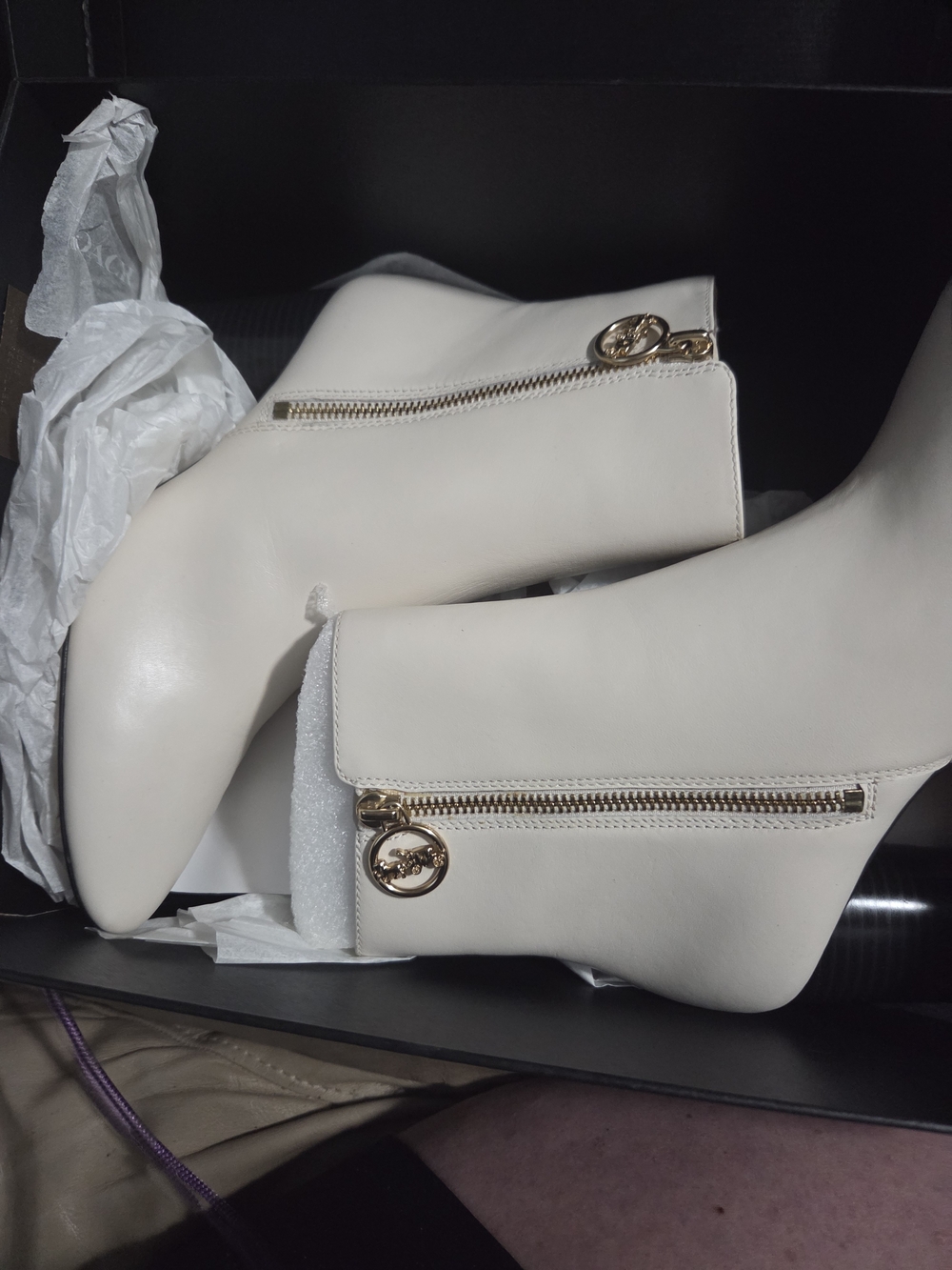 Coach Cream Ankle Booties with Gold Zip Charm